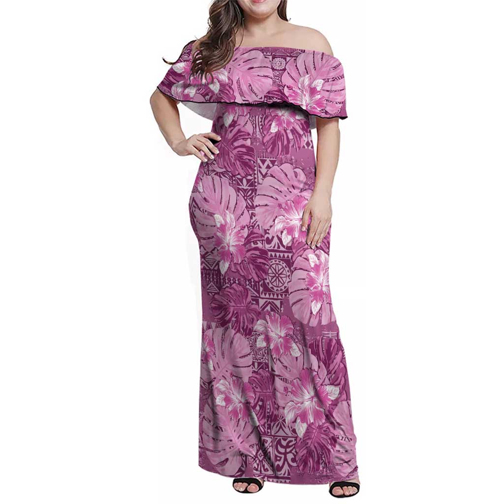 Hawaii Family Matching Off Shoulder Maxi Dress and Hawaiian Shirt Magenta Polynesian Monstera Patterns - Polynesian Pride