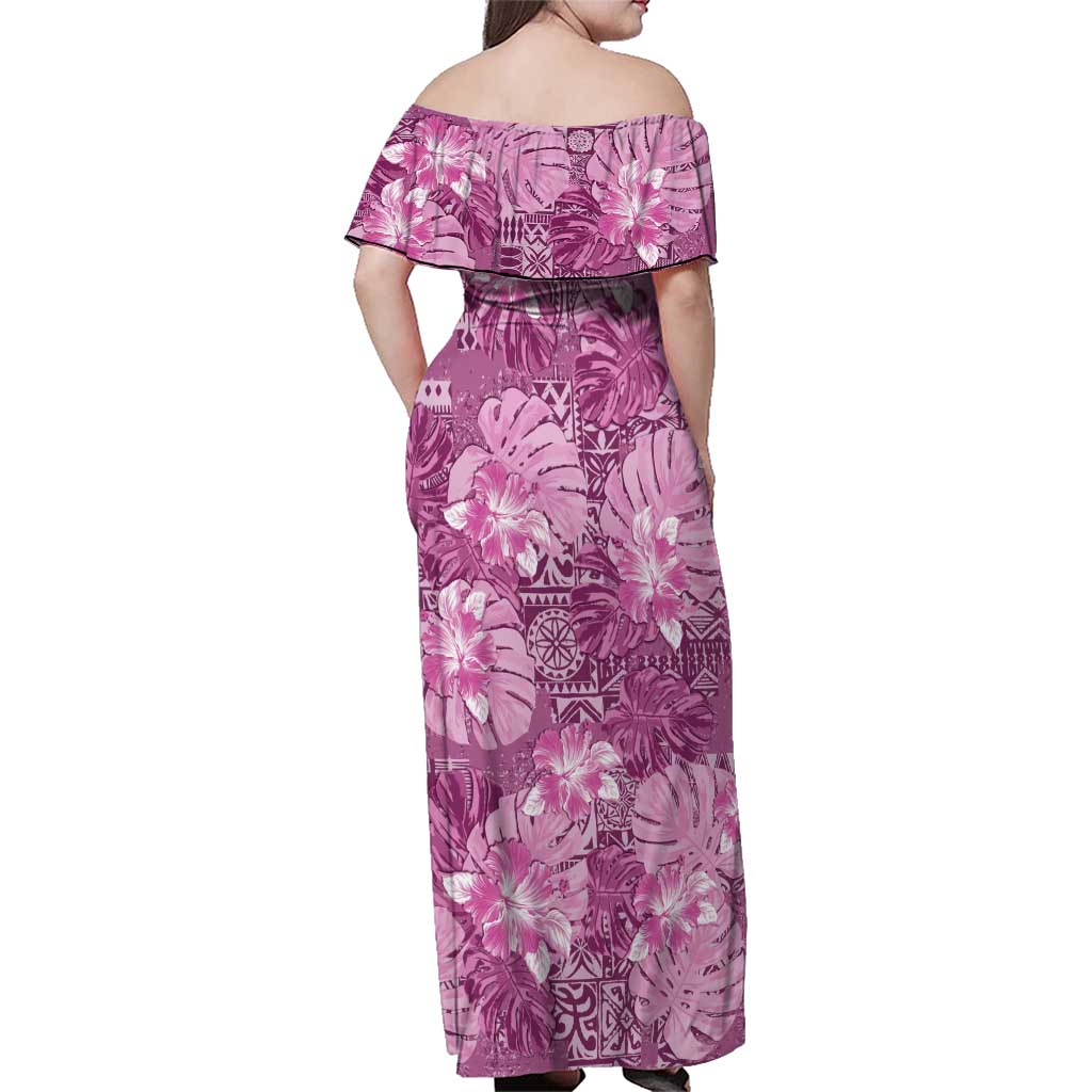 Hawaii Family Matching Off Shoulder Maxi Dress and Hawaiian Shirt Magenta Polynesian Monstera Patterns - Polynesian Pride