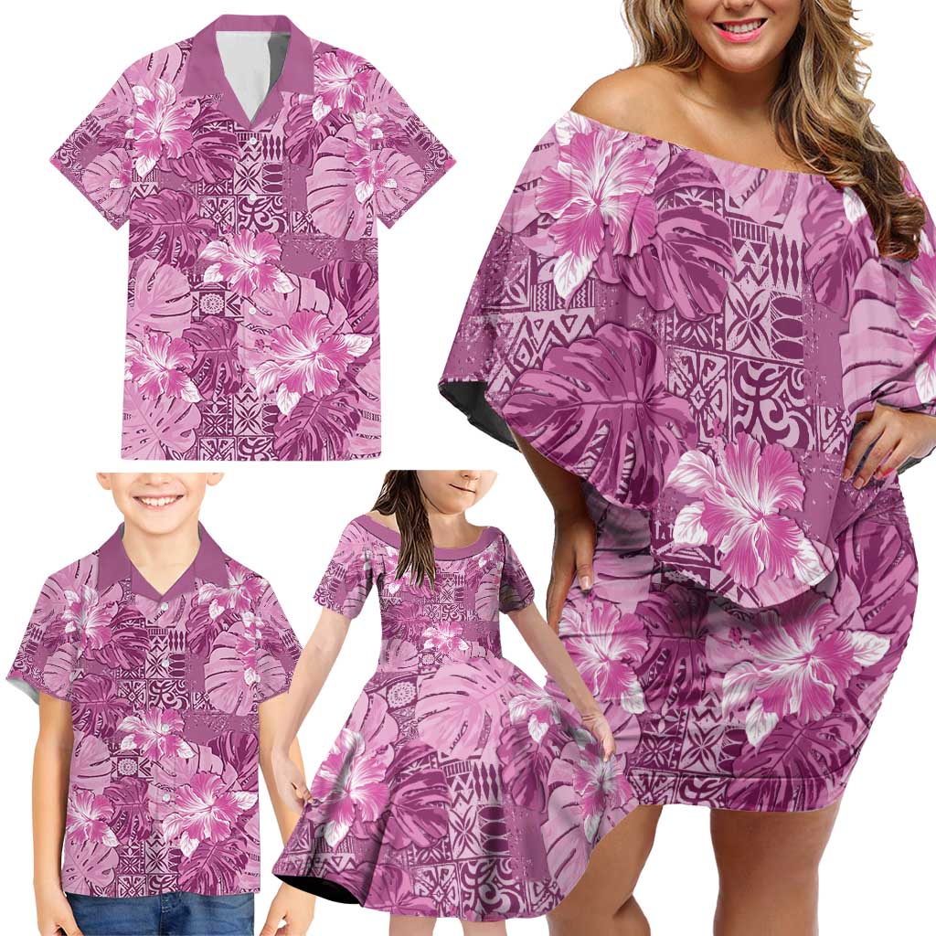 Hawaii Family Matching Off Shoulder Short Dress and Hawaiian Shirt Magenta Polynesian Monstera Patterns - Polynesian Pride
