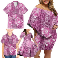 Hawaii Family Matching Off Shoulder Short Dress and Hawaiian Shirt Magenta Polynesian Monstera Patterns - Polynesian Pride
