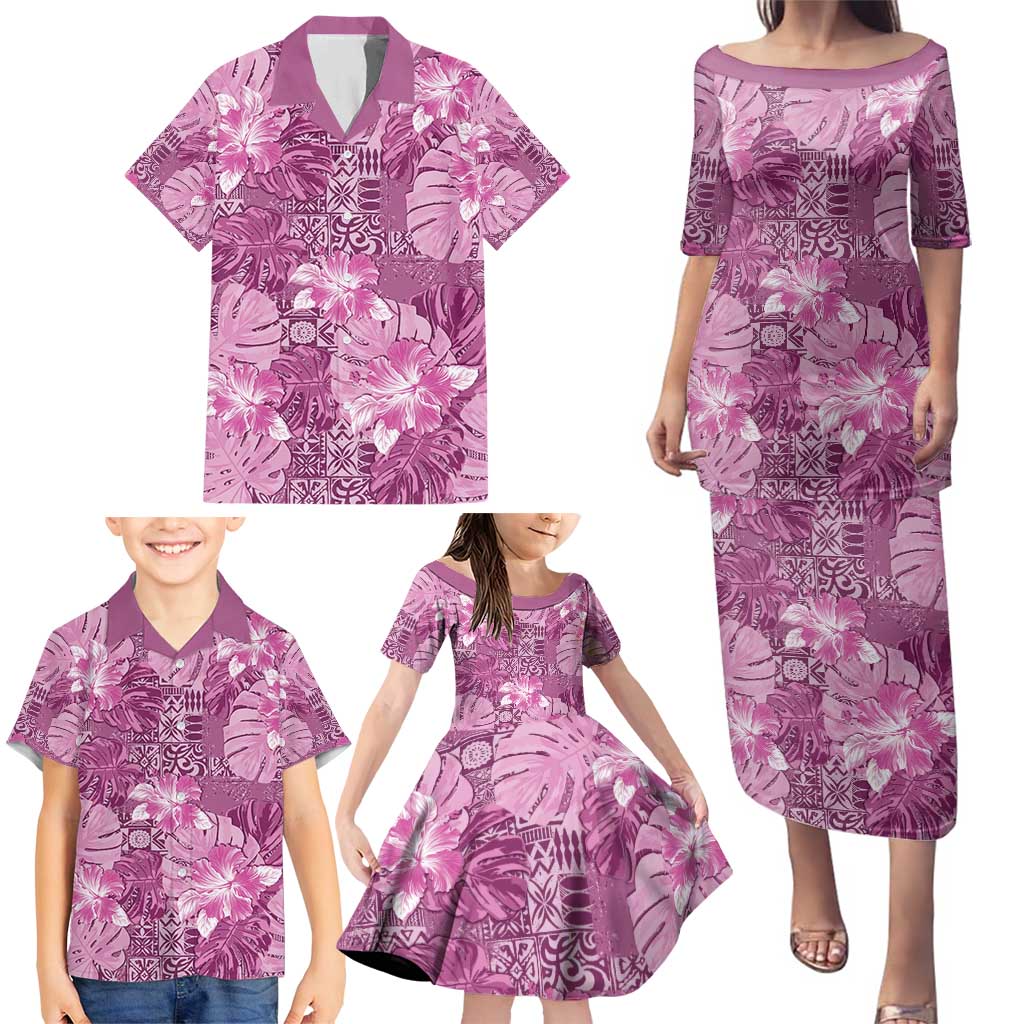 Hawaii Family Matching Puletasi and Hawaiian Shirt Magenta Polynesian Monstera Patterns DT05 - Polynesian Pride