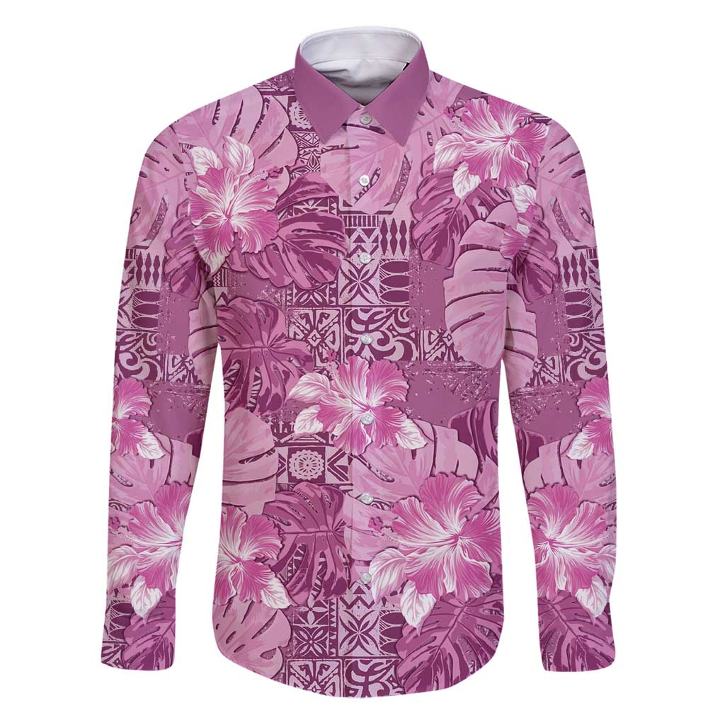 Hawaii Family Matching Puletasi and Hawaiian Shirt Magenta Polynesian Monstera Patterns DT05 Dad's Shirt - Long Sleeve Magenta - Polynesian Pride