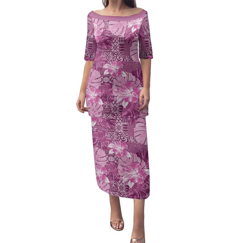 Hawaii Family Matching Puletasi and Hawaiian Shirt Magenta Polynesian Monstera Patterns DT05 Mom's Dress Magenta - Polynesian Pride