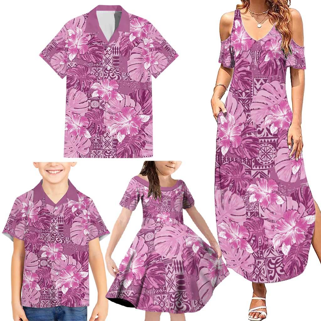 Hawaii Family Matching Summer Maxi Dress and Hawaiian Shirt Magenta Polynesian Monstera Patterns - Polynesian Pride
