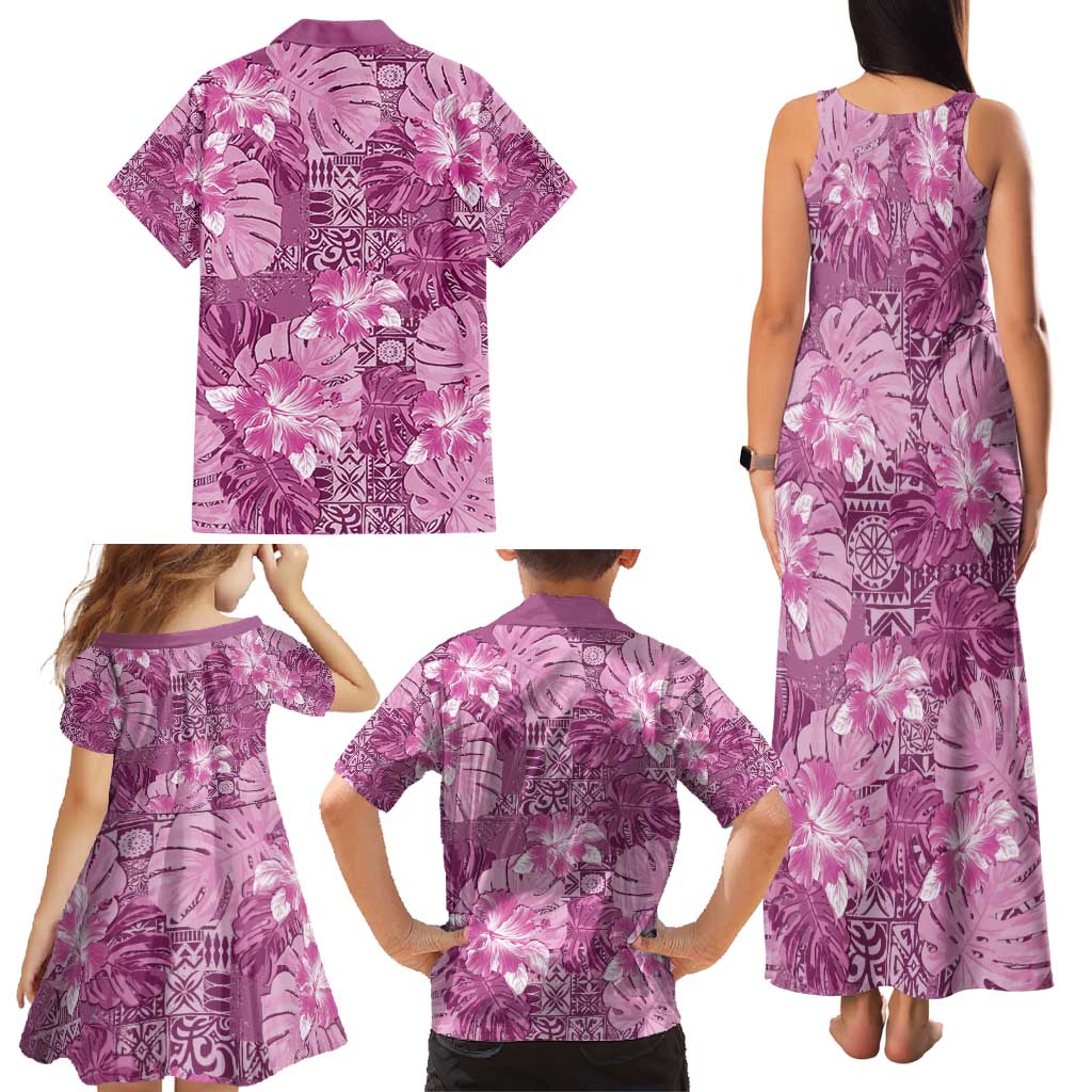 Hawaii Family Matching Tank Maxi Dress and Hawaiian Shirt Magenta Polynesian Monstera Patterns - Polynesian Pride