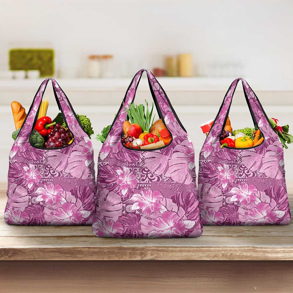 Hawaii Grocery Bag Magenta Polynesian Monstera Patterns DT05 3-pack One Size Magenta - Polynesian Pride