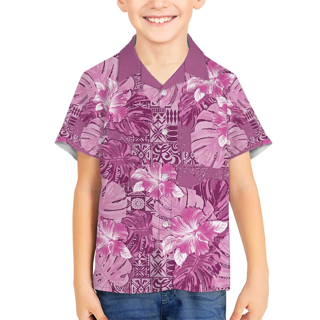 Hawaii Kid Hawaiian Shirt Magenta Polynesian Monstera Patterns - Polynesian Pride