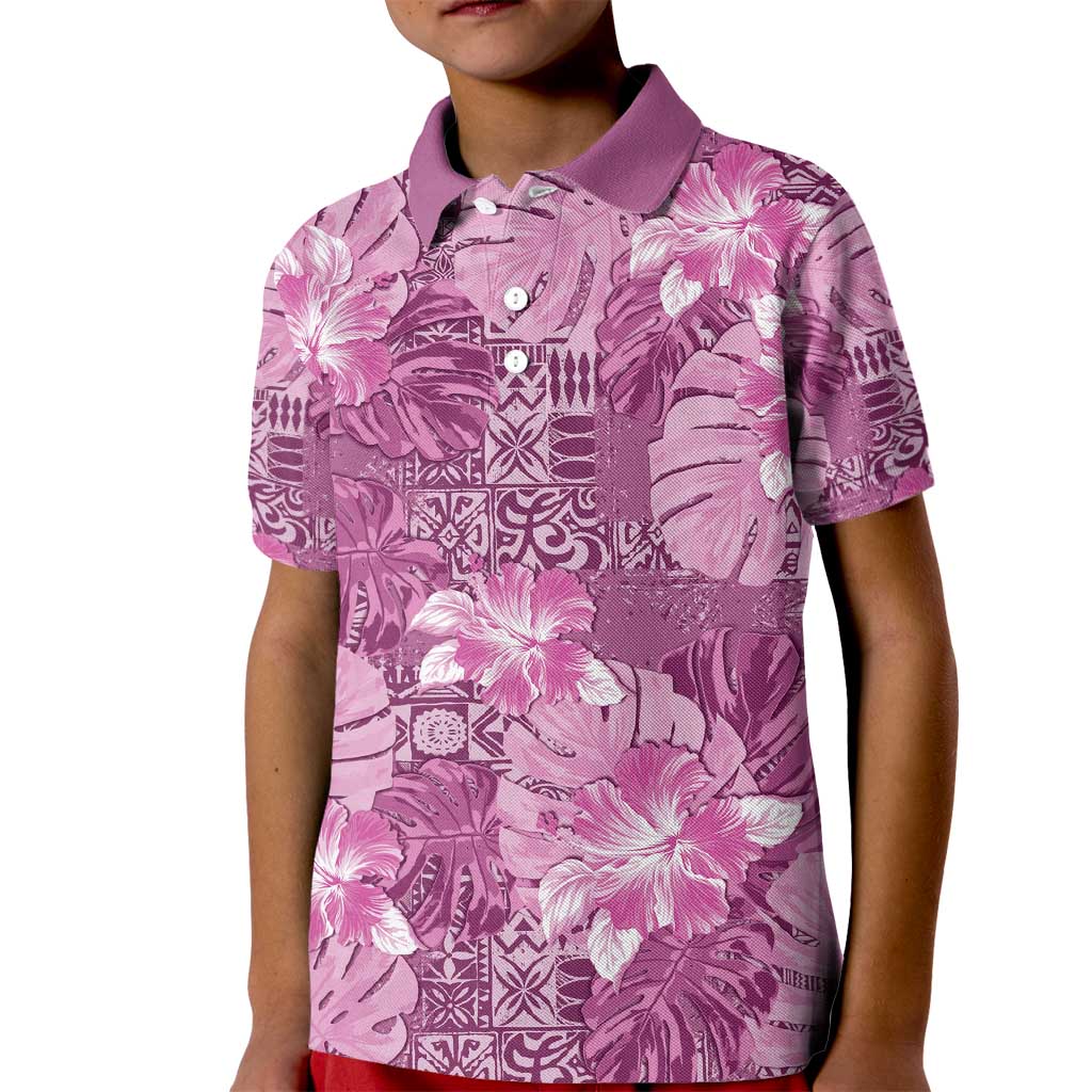 Hawaii Kid Polo Shirt Magenta Polynesian Monstera Patterns - Polynesian Pride