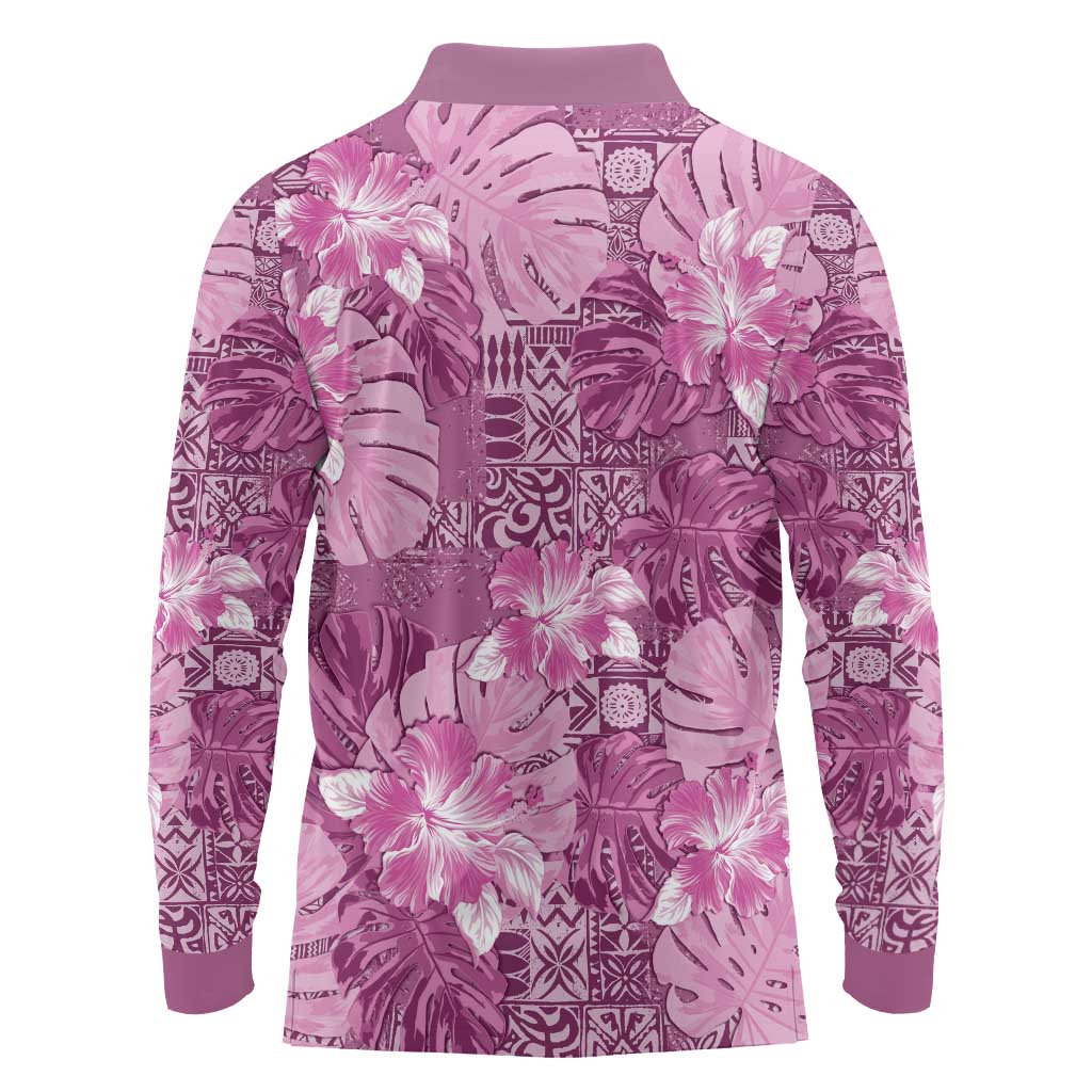 Hawaii Long Sleeve Polo Shirt Magenta Polynesian Monstera Patterns DT05 - Polynesian Pride