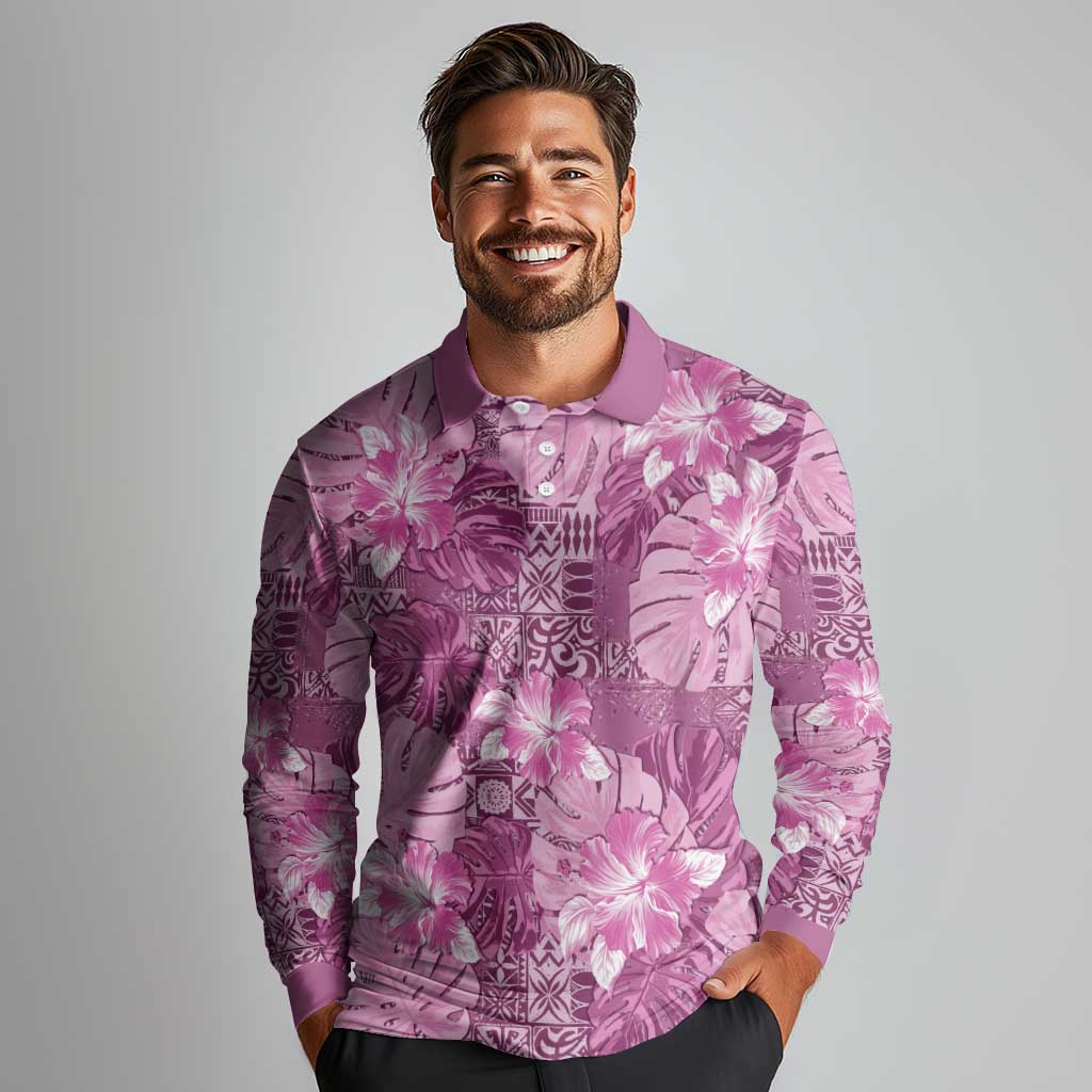 Hawaii Long Sleeve Polo Shirt Magenta Polynesian Monstera Patterns DT05 - Polynesian Pride