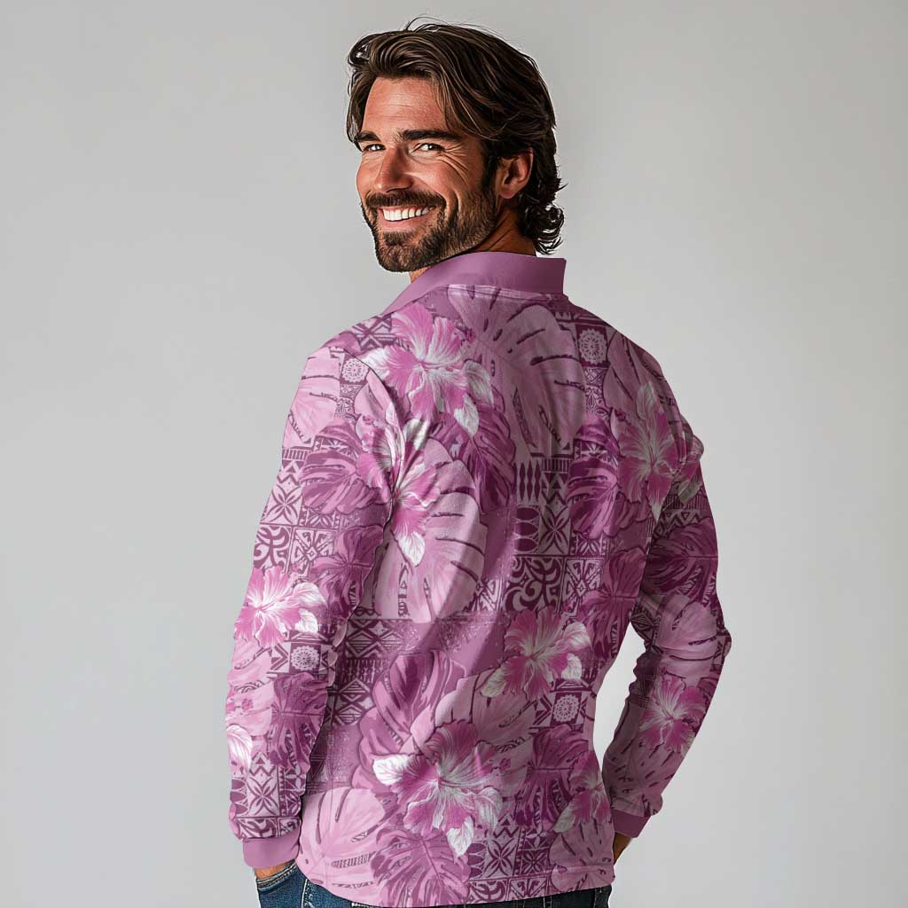 Hawaii Long Sleeve Polo Shirt Magenta Polynesian Monstera Patterns DT05 - Polynesian Pride