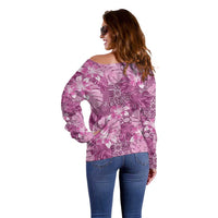 Hawaii Off Shoulder Sweater Magenta Polynesian Monstera Patterns - Polynesian Pride