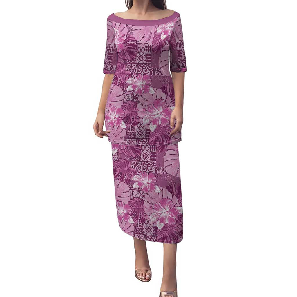 Hawaii Puletasi Magenta Polynesian Monstera Patterns DT05 Long Dress Magenta - Polynesian Pride