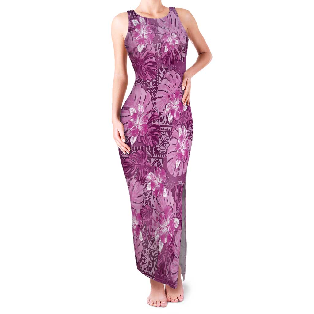 Hawaii Tank Maxi Dress Magenta Polynesian Monstera Patterns - Polynesian Pride