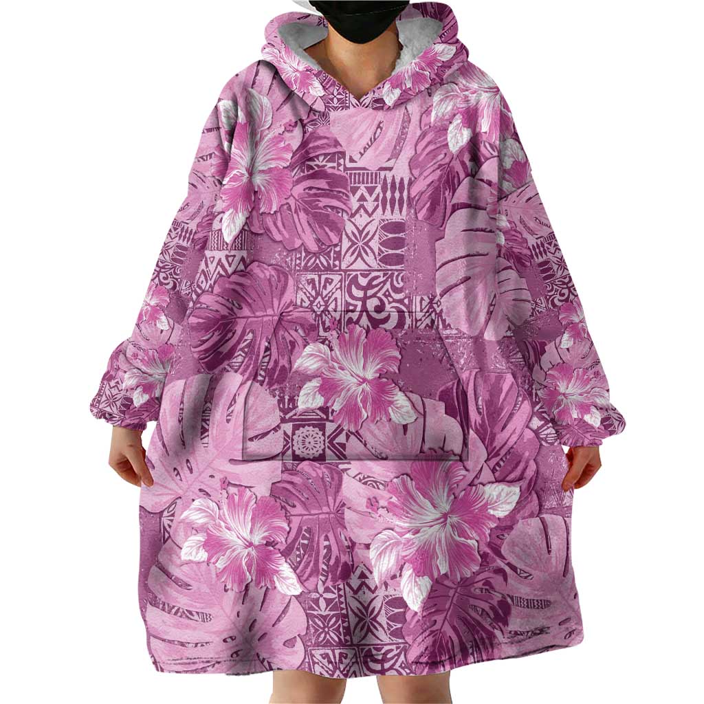 Hawaii Wearable Blanket Hoodie Magenta Polynesian Monstera Patterns DT05 - Polynesian Pride