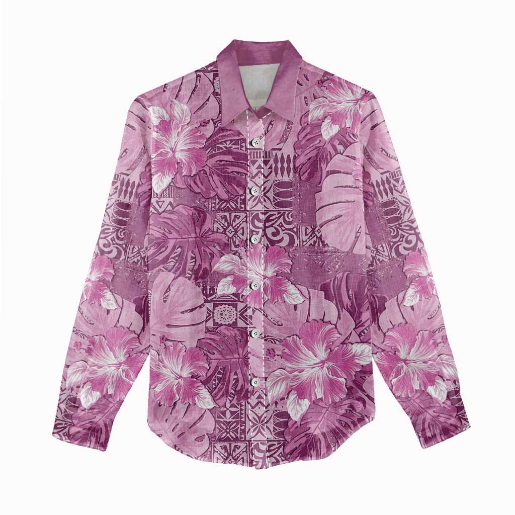 Hawaii Women Casual Shirt Magenta Polynesian Monstera Patterns - Polynesian Pride