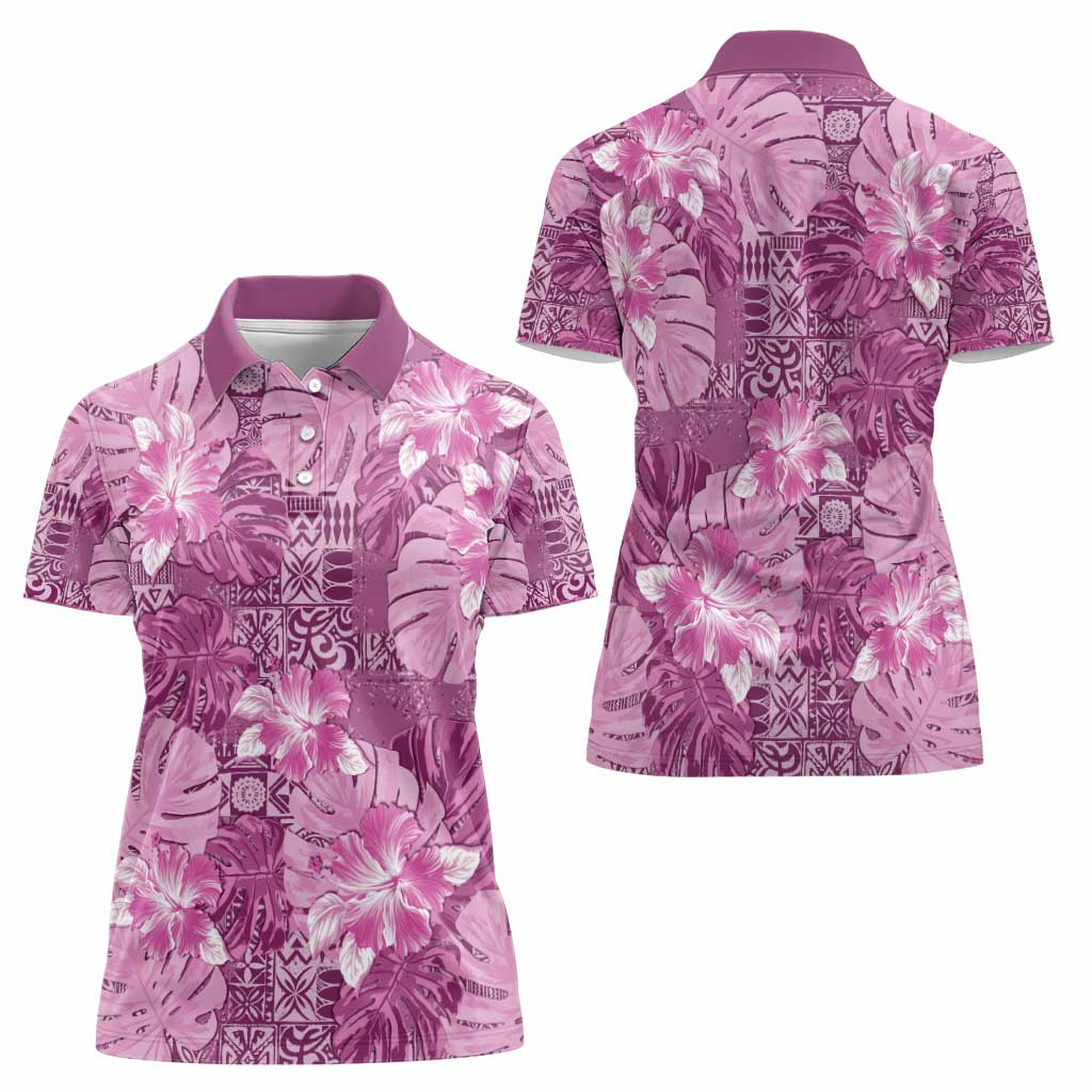 Hawaii Women Polo Shirt Magenta Polynesian Monstera Patterns - Polynesian Pride