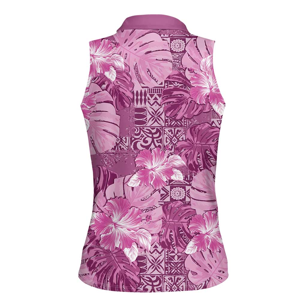 Hawaii Women Sleeveless Polo Shirt Magenta Polynesian Monstera Patterns DT05 - Polynesian Pride