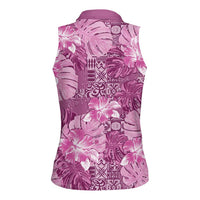 Hawaii Women Sleeveless Polo Shirt Magenta Polynesian Monstera Patterns DT05 - Polynesian Pride