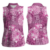 Hawaii Women Sleeveless Polo Shirt Magenta Polynesian Monstera Patterns DT05 - Polynesian Pride