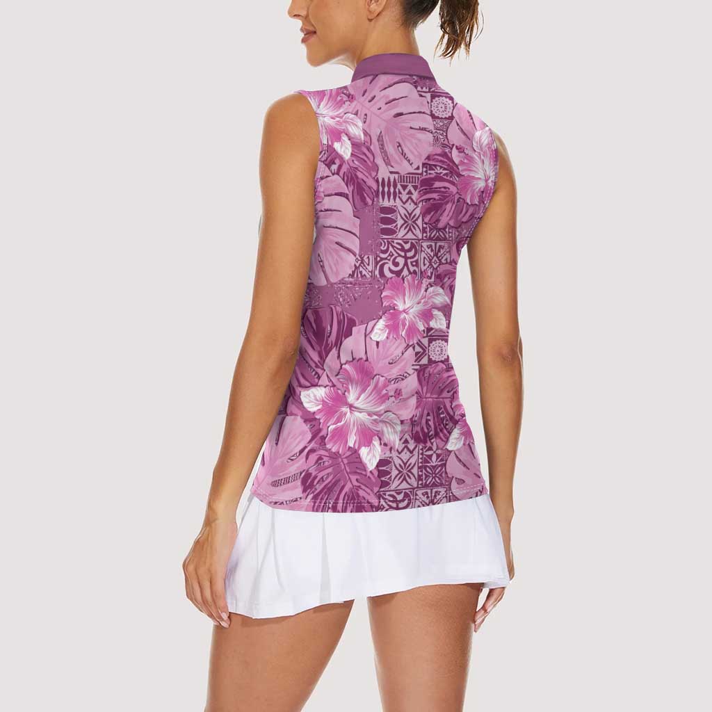 Hawaii Women Sleeveless Polo Shirt Magenta Polynesian Monstera Patterns DT05 - Polynesian Pride