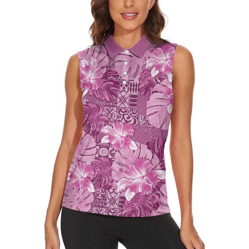 Hawaii Women Sleeveless Polo Shirt Magenta Polynesian Monstera Patterns DT05 - Polynesian Pride