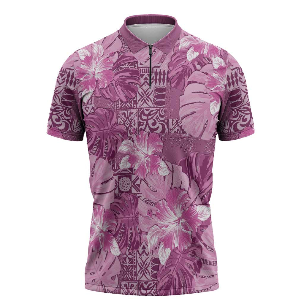 Hawaii Zipper Polo Shirt Magenta Polynesian Monstera Patterns DT05 Magenta - Polynesian Pride