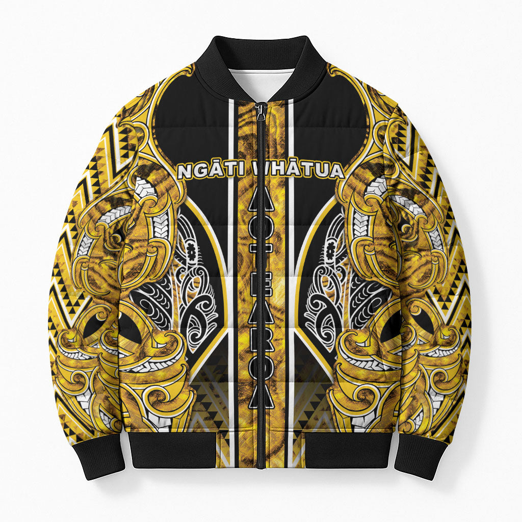 Aotearoa Ngati Whatua Bomber Puffer Jacket Maori Tribal Gold Paua Shell Pattern DT05 Unisex Yellow - Polynesian Pride