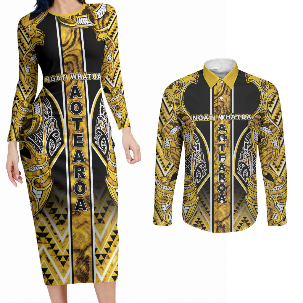 Aotearoa Ngati Whatua Couples Matching Long Sleeve Bodycon Dress and Long Sleeve Button Shirt Maori Tribal Gold Paua Shell Pattern DT05 Yellow - Polynesian Pride