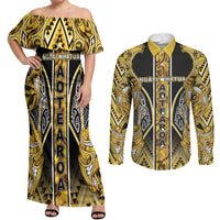 Aotearoa Ngati Whatua Couples Matching Off Shoulder Maxi Dress and Long Sleeve Button Shirt Maori Tribal Gold Paua Shell Pattern DT05 Yellow - Polynesian Pride