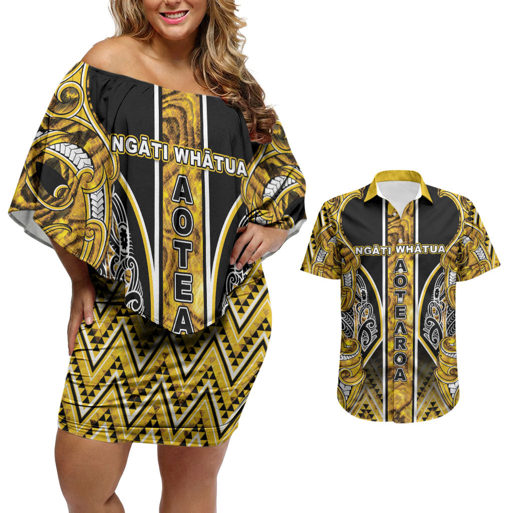 Aotearoa Ngati Whatua Couples Matching Off Shoulder Short Dress and Hawaiian Shirt Maori Tribal Gold Paua Shell Pattern DT05 Yellow - Polynesian Pride