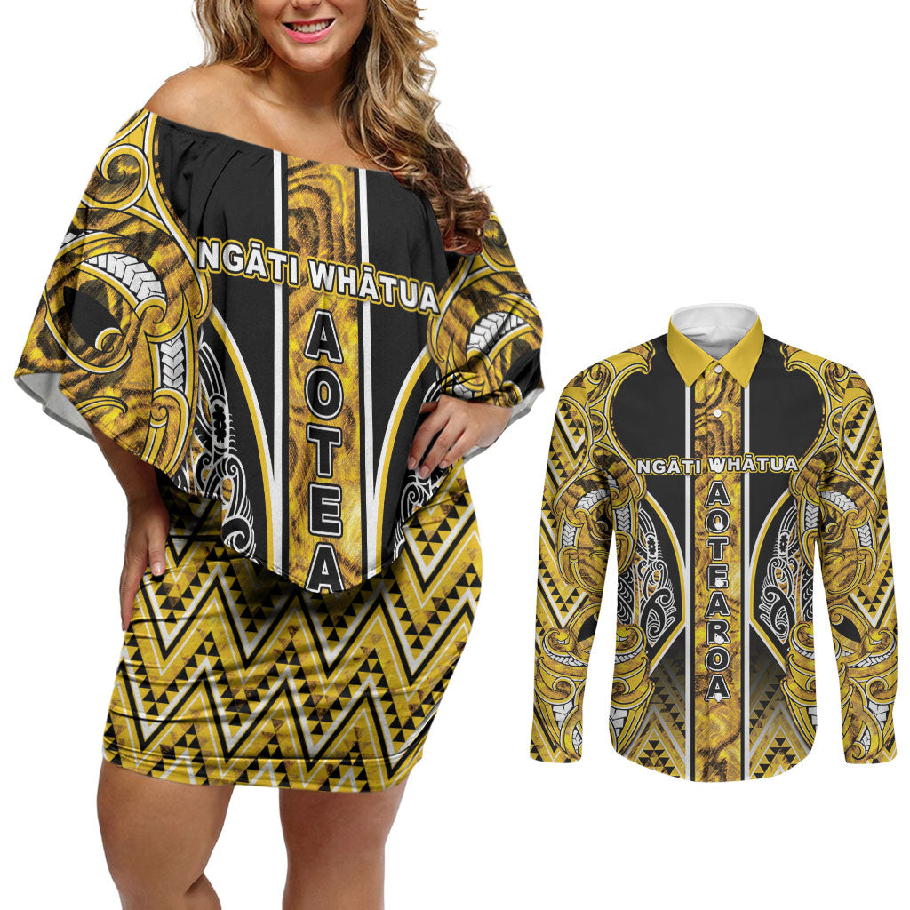 Aotearoa Ngati Whatua Couples Matching Off Shoulder Short Dress and Long Sleeve Button Shirt Maori Tribal Gold Paua Shell Pattern DT05 Yellow - Polynesian Pride