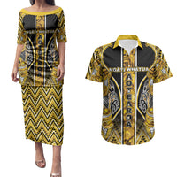 Aotearoa Ngati Whatua Couples Matching Puletasi and Hawaiian Shirt Maori Tribal Gold Paua Shell Pattern DT05 Yellow - Polynesian Pride