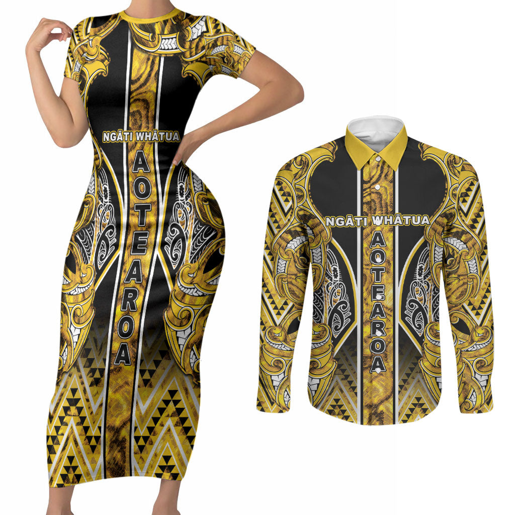 Aotearoa Ngati Whatua Couples Matching Short Sleeve Bodycon Dress and Long Sleeve Button Shirt Maori Tribal Gold Paua Shell Pattern DT05 Yellow - Polynesian Pride