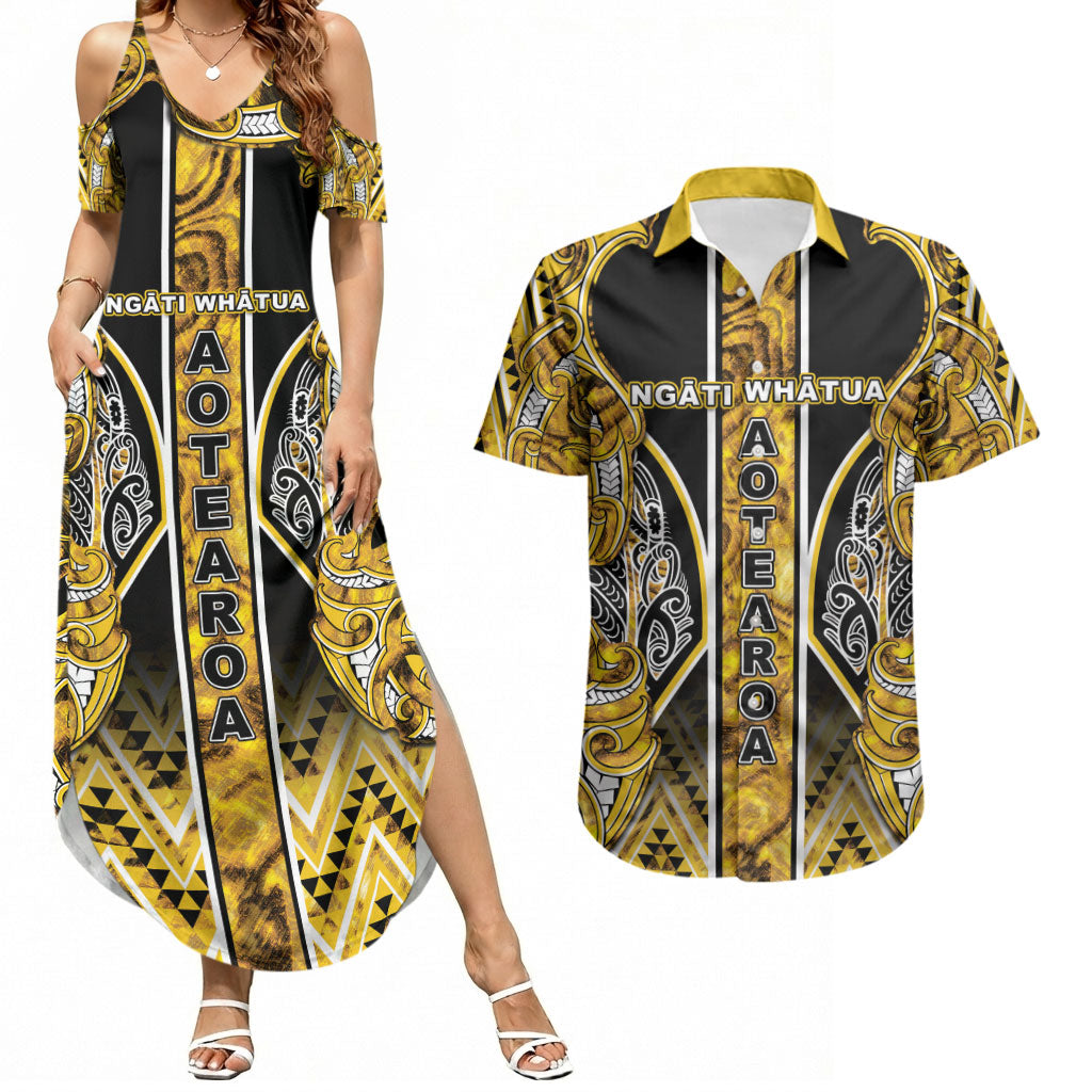 Aotearoa Ngati Whatua Couples Matching Summer Maxi Dress and Hawaiian Shirt Maori Tribal Gold Paua Shell Pattern DT05 Yellow - Polynesian Pride