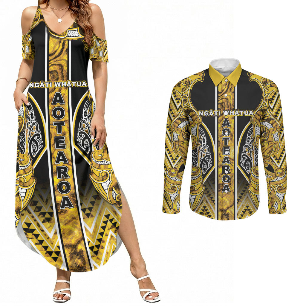 Aotearoa Ngati Whatua Couples Matching Summer Maxi Dress and Long Sleeve Button Shirt Maori Tribal Gold Paua Shell Pattern DT05 Yellow - Polynesian Pride