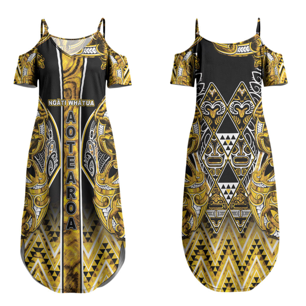 Aotearoa Ngati Whatua Couples Matching Summer Maxi Dress and Long Sleeve Button Shirt Maori Tribal Gold Paua Shell Pattern DT05 - Polynesian Pride