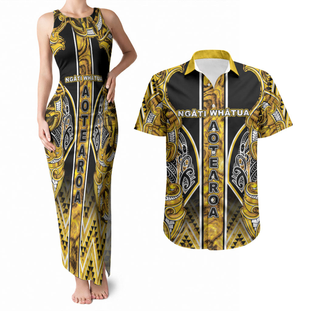 Aotearoa Ngati Whatua Couples Matching Tank Maxi Dress and Hawaiian Shirt Maori Tribal Gold Paua Shell Pattern DT05 Yellow - Polynesian Pride