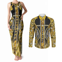 Aotearoa Ngati Whatua Couples Matching Tank Maxi Dress and Long Sleeve Button Shirt Maori Tribal Gold Paua Shell Pattern DT05 Yellow - Polynesian Pride