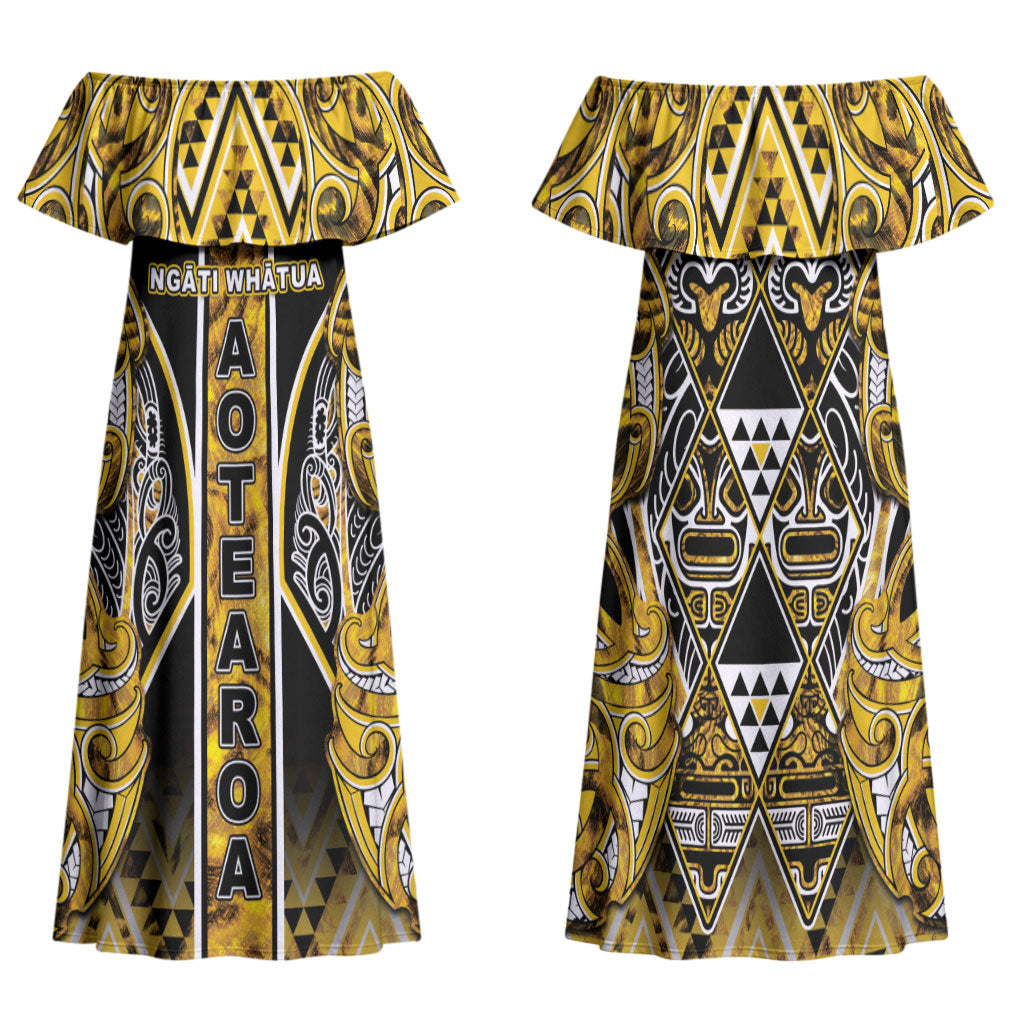 Aotearoa Ngati Whatua Family Matching Off Shoulder Maxi Dress and Hawaiian Shirt Maori Tribal Gold Paua Shell Pattern DT05 Mom's Dress Yellow - Polynesian Pride