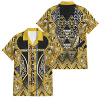 Aotearoa Ngati Whatua Family Matching Off Shoulder Maxi Dress and Hawaiian Shirt Maori Tribal Gold Paua Shell Pattern DT05 Dad's Shirt - Short Sleeve Yellow - Polynesian Pride