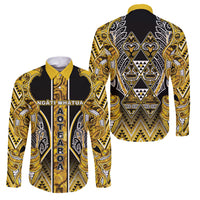 Aotearoa Ngati Whatua Family Matching Off Shoulder Maxi Dress and Hawaiian Shirt Maori Tribal Gold Paua Shell Pattern DT05 Dad's Shirt - Long Sleeve Yellow - Polynesian Pride