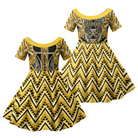 Aotearoa Ngati Whatua Family Matching Off Shoulder Maxi Dress and Hawaiian Shirt Maori Tribal Gold Paua Shell Pattern DT05 Daughter's Dress Yellow - Polynesian Pride