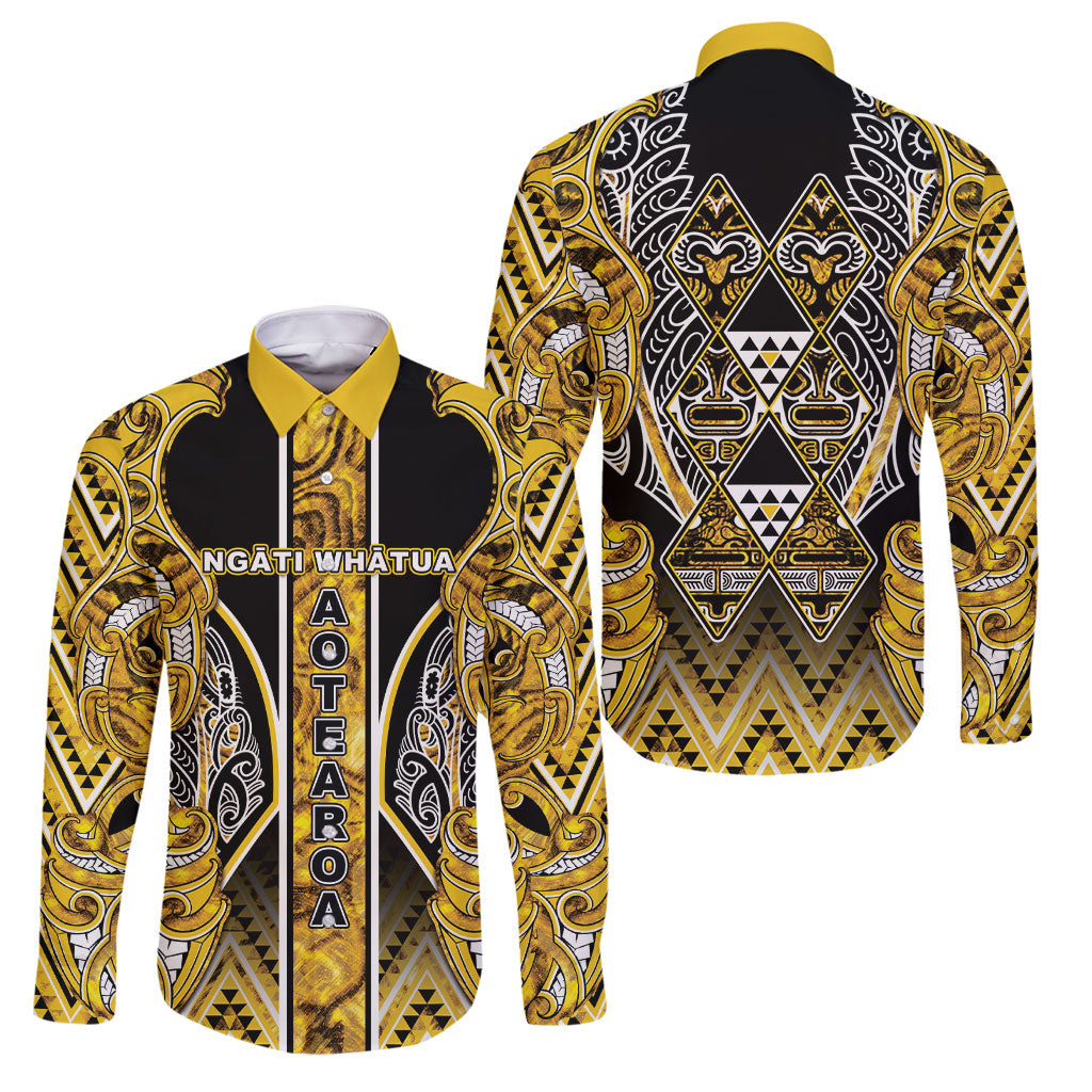 Aotearoa Ngati Whatua Family Matching Summer Maxi Dress and Hawaiian Shirt Maori Tribal Gold Paua Shell Pattern DT05 Dad's Shirt - Long Sleeve Yellow - Polynesian Pride