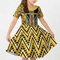 Aotearoa Ngati Whatua Kid Short Sleeve Dress Maori Tribal Gold Paua Shell Pattern DT05 KID Yellow - Polynesian Pride