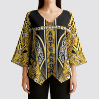Aotearoa Ngati Whatua Kimono Sleeve Blouse Maori Tribal Gold Paua Shell Pattern DT05 - Polynesian Pride