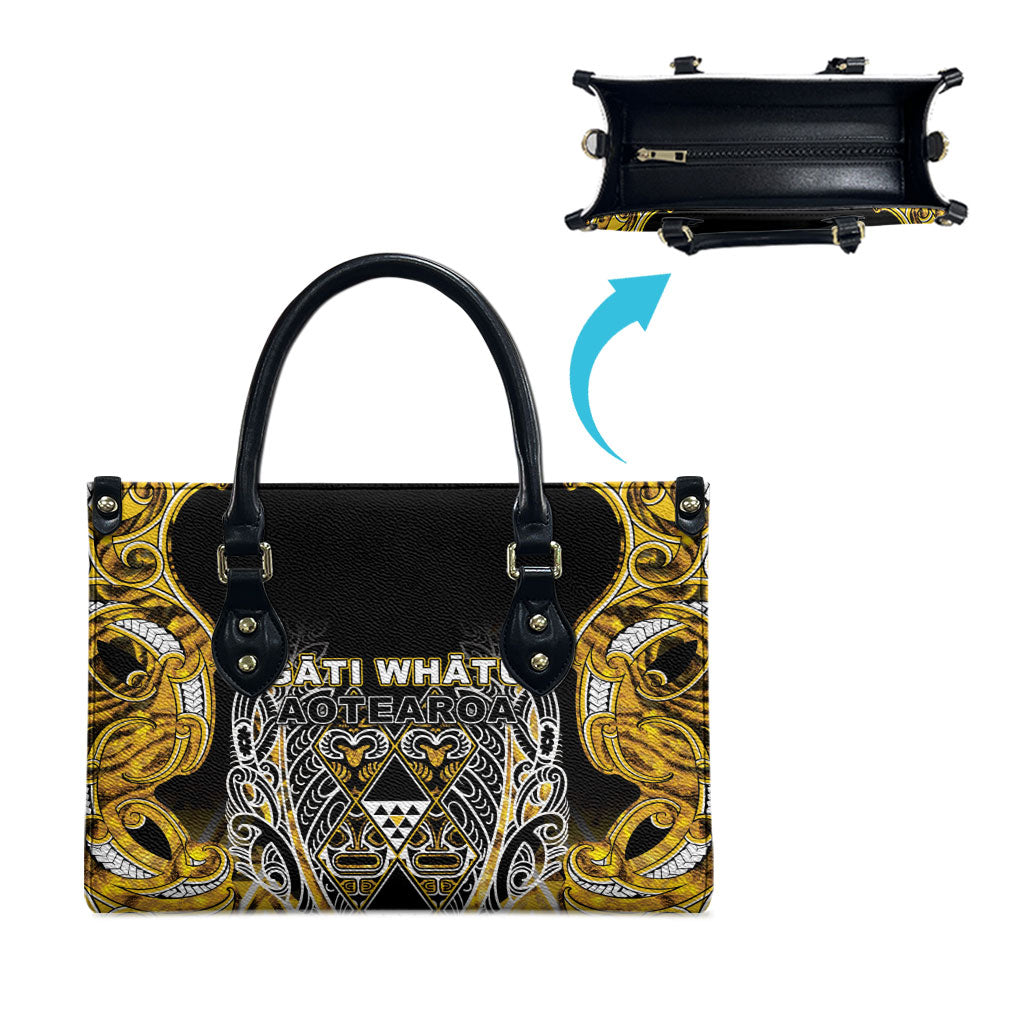 Aotearoa Ngati Whatua Leather Bag Maori Tribal Gold Paua Shell Pattern DT05 - Polynesian Pride