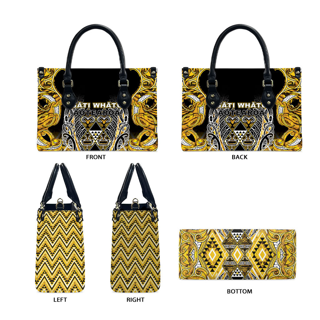 Aotearoa Ngati Whatua Leather Bag Maori Tribal Gold Paua Shell Pattern DT05 - Polynesian Pride