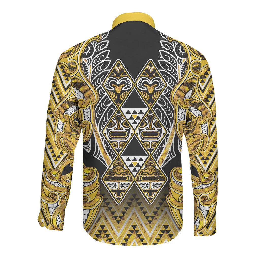 Aotearoa Ngati Whatua Long Sleeve Button Shirt Maori Tribal Gold Paua Shell Pattern DT05 - Polynesian Pride
