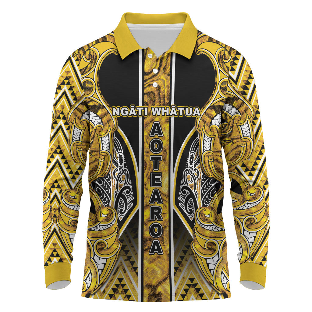 Aotearoa Ngati Whatua Long Sleeve Polo Shirt Maori Tribal Gold Paua Shell Pattern DT05 Yellow - Polynesian Pride